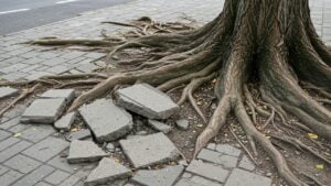 Strong tree roots breaking apart concrete sidewalk tiles, symbol of nature’s unstoppable force over human structures