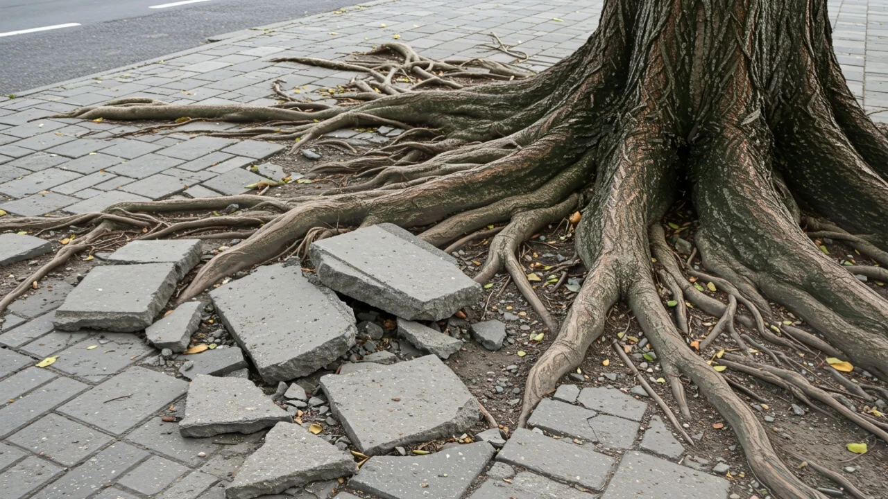 Strong tree roots breaking apart concrete sidewalk tiles, symbol of nature&rsquo;s unstoppable force over human structures