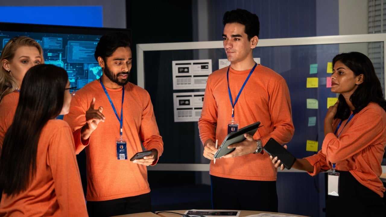 A diverse cybersecurity team reviewing data on a global threat map, monitoring suspicious activity and analyzing potential network intrusions, and shares strategies to strengthen digital defense