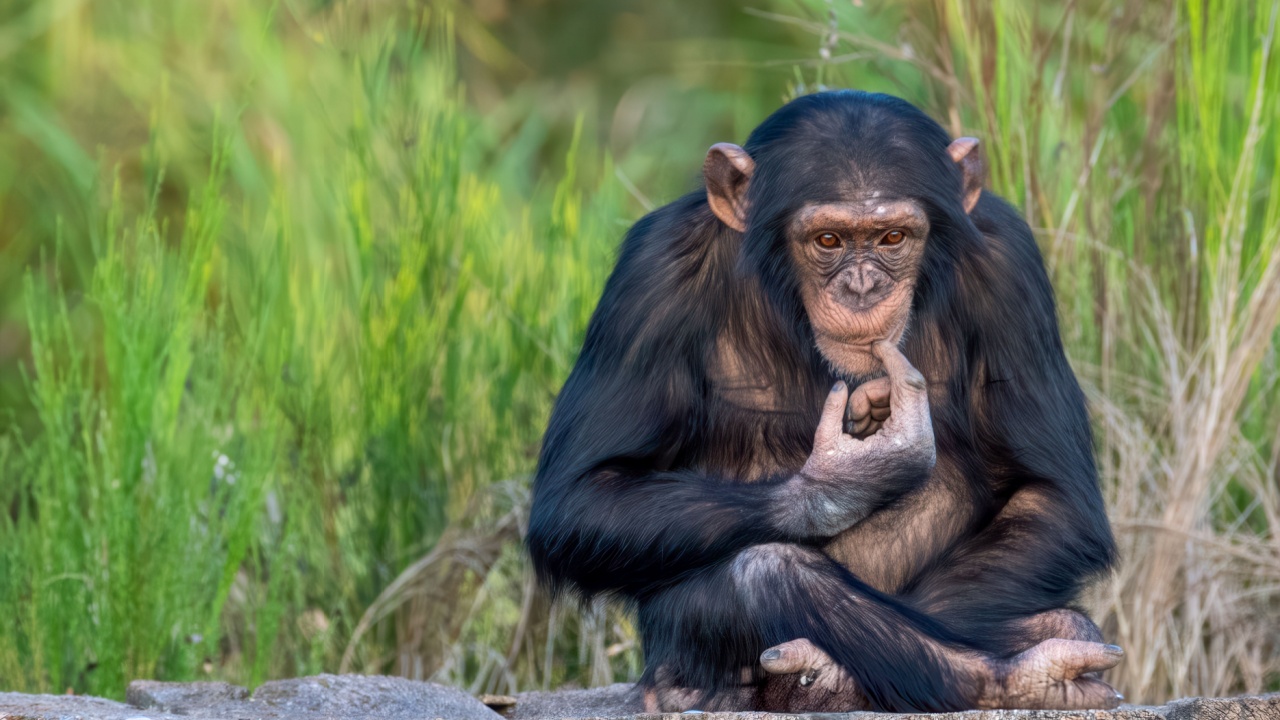 A thoughtful chimpanzee sitting in lush greenery, contemplating with its hand on its chin.