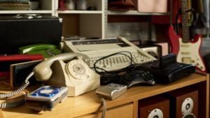 Vintage electronics including rotary phone, typewriter, retro video game console, and audio equipment displayed on wooden counter in thrift shop setting with shelves in background