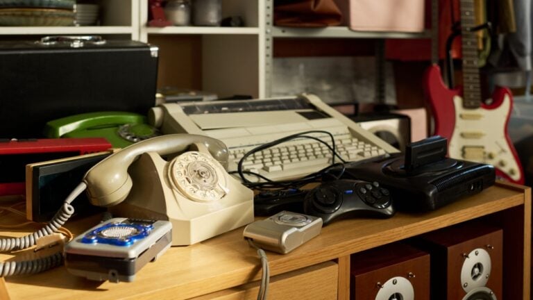 Vintage electronics including rotary phone, typewriter, retro video game console, and audio equipment displayed on wooden counter in thrift shop setting with shelves in background