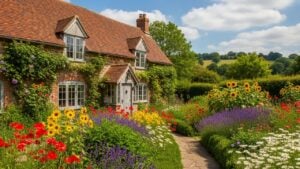 A charming cottage with a colorful flower garden in the English countryside, showcasing the idyllic beauty of rural life with vibrant blooms and traditional architecture.