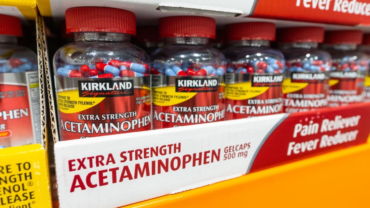 Apex, North Carolina - November 1 2025: Kirkland Signature Extra Strength Acetaminophen Pain Reliever And Fever Reducer Products At Costco Wholesale