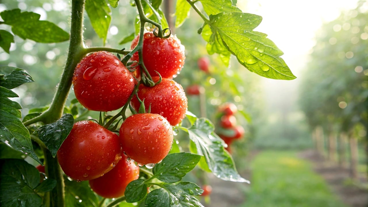Cherry Tomato hanging on tree with water drop in field, Tomatoes on tree in natural rainy day background