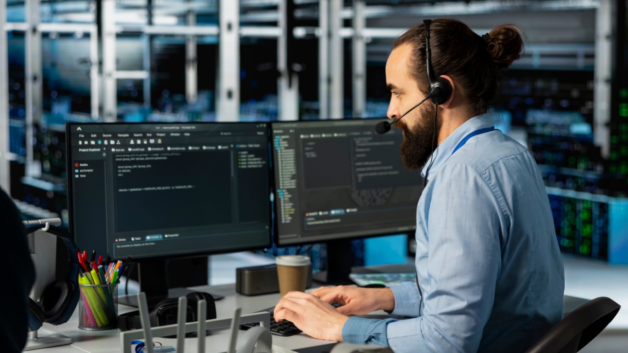 Man doing tech support in server room, managing large scale IT infrastructure rackmounts. Data center admin speaking in headset mic, deploying servers and doing maintenance on network hardware