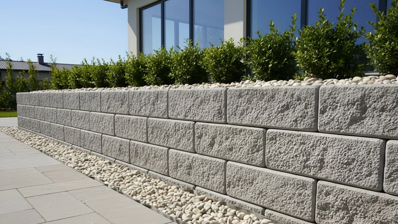 A contemporary retaining wall with a bed of decorative gravel and lush green plants creates a stylish outdoor space