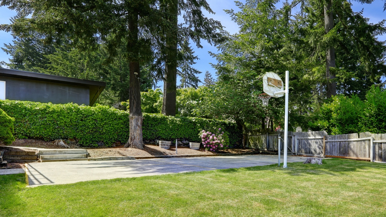 Basketball court with concrete floor and old wooden fence