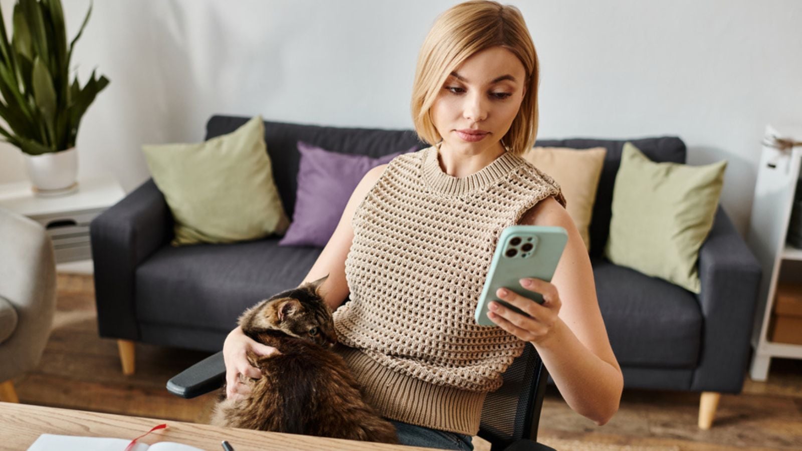 woman sits at a table with her cat, scrolling on her cell phone, enjoying a moment of relaxation at home