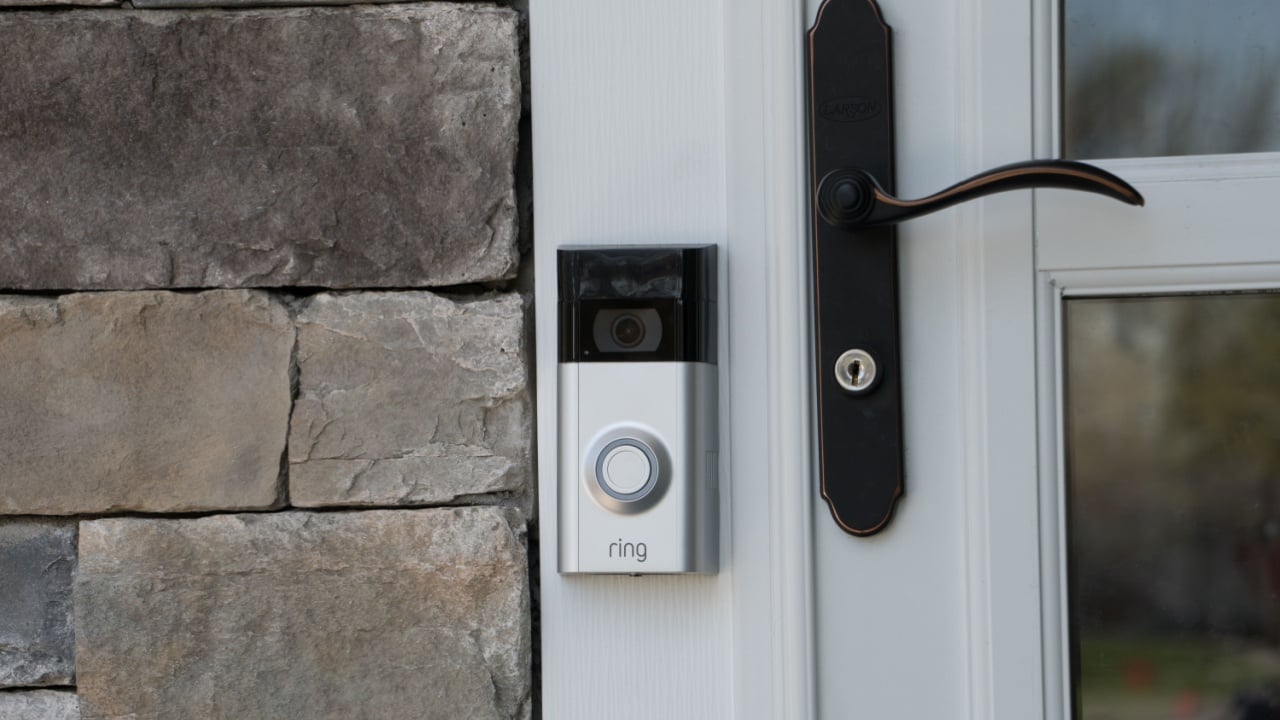 New York, USA - Circa 2018: Ring video doorbell owned by Amazon. manufactures home smart security products allowing homeowners to monitor remotely via smart cell phone app. Illustrative editorial