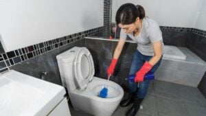 woman cleaning toilet bowl with a brush