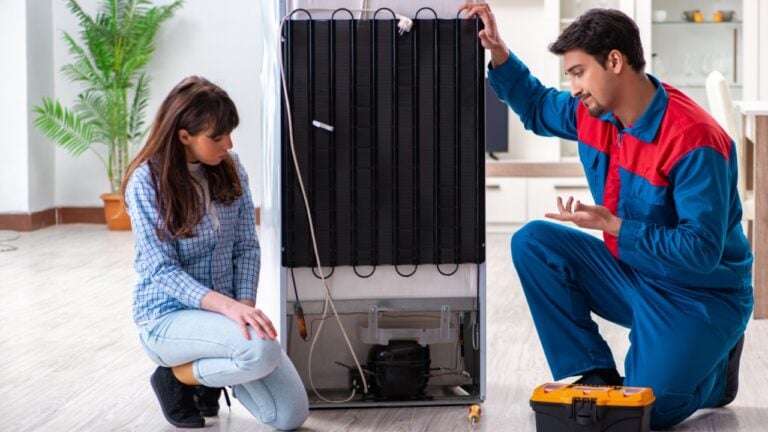 Man repairing fridge with customer