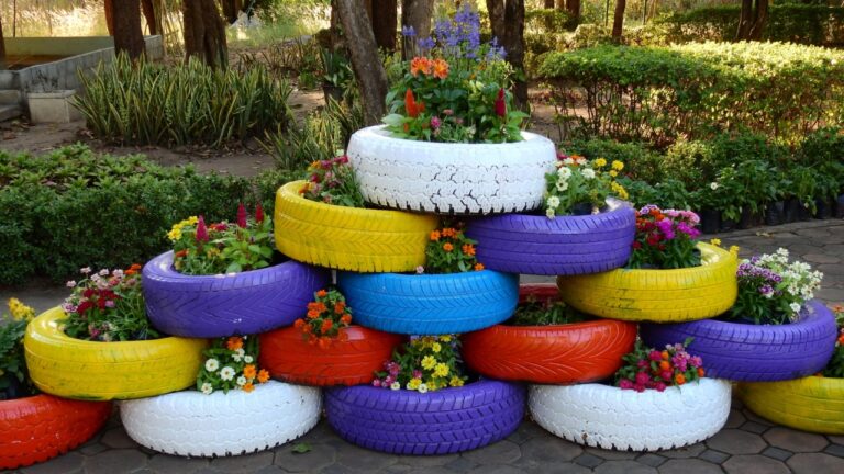 Old tires used to grow flowers