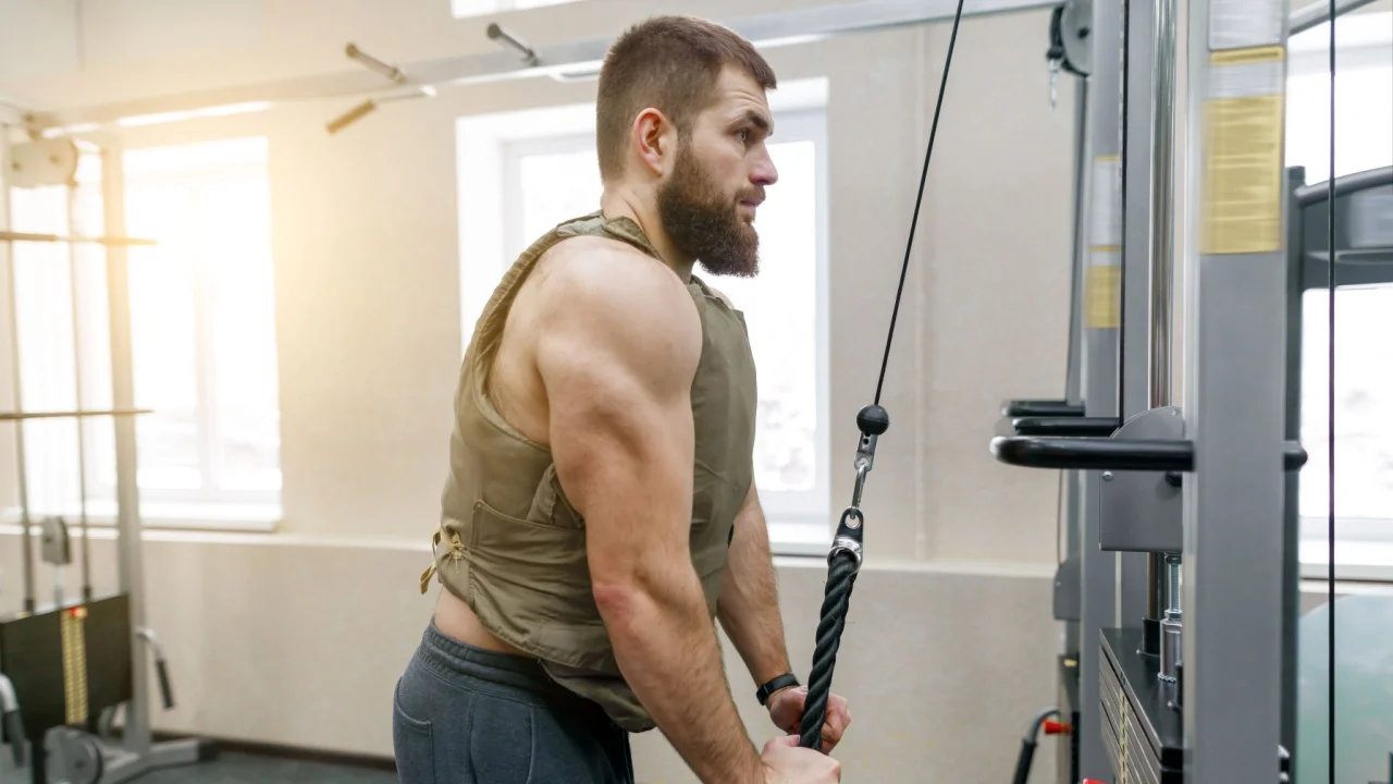 Muscular caucasian bearded man doing exercises dressed in weighted vest in the gym, military style.