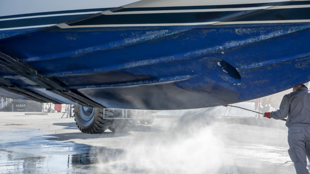 Montenegro, Tivat, October 30 2017. Man is working at the Navar Boatyard. He is using a pressure washer to clean the bottom of the boat while it is in dry dock. He is removing barnacles from the prop 