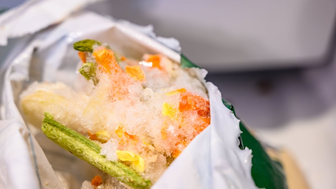 Freezer burned vegetables in plastic wrapping 