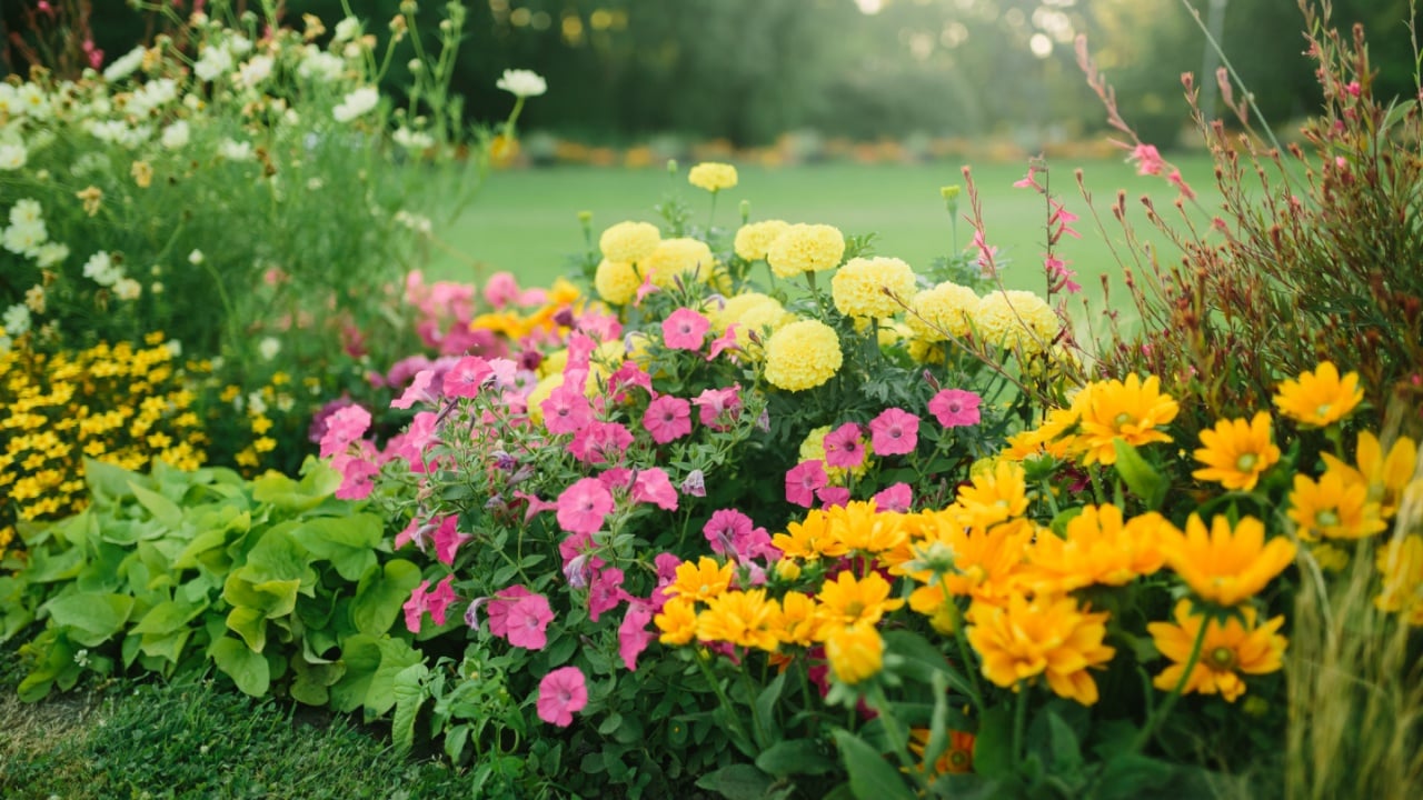 Beautiful flower garden with blooming asters and different flowers in sunlight, landscape design, spring background
