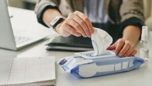 Close-up of unrecognizable woman sitting at desk and using wet wipe for sanitizing at workplace