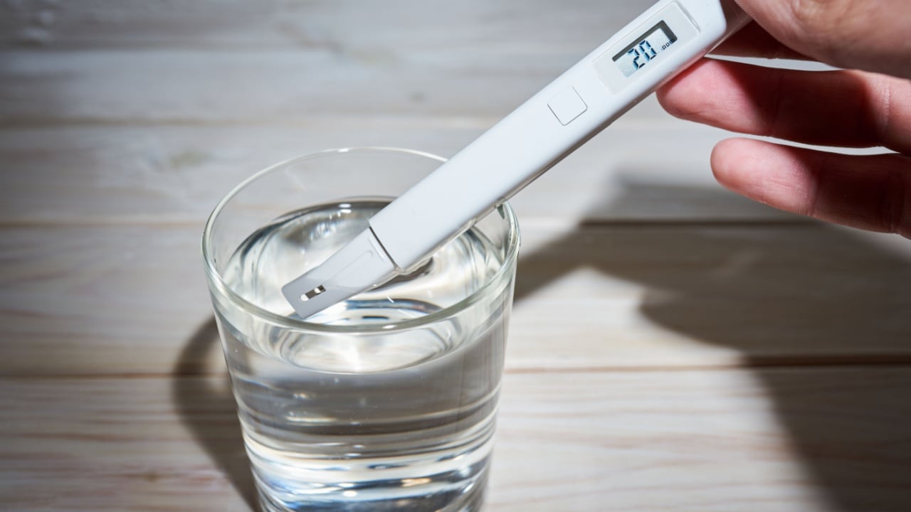 A researcher uses a electric water tester to test the electrical conductivity, TDS, and salt content of a water at home