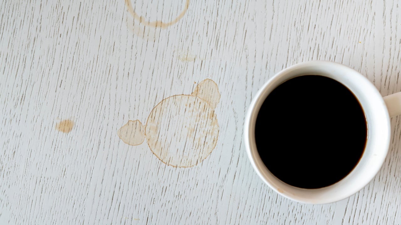 top view of print of coffee cup on the table on breakfast, black circle 