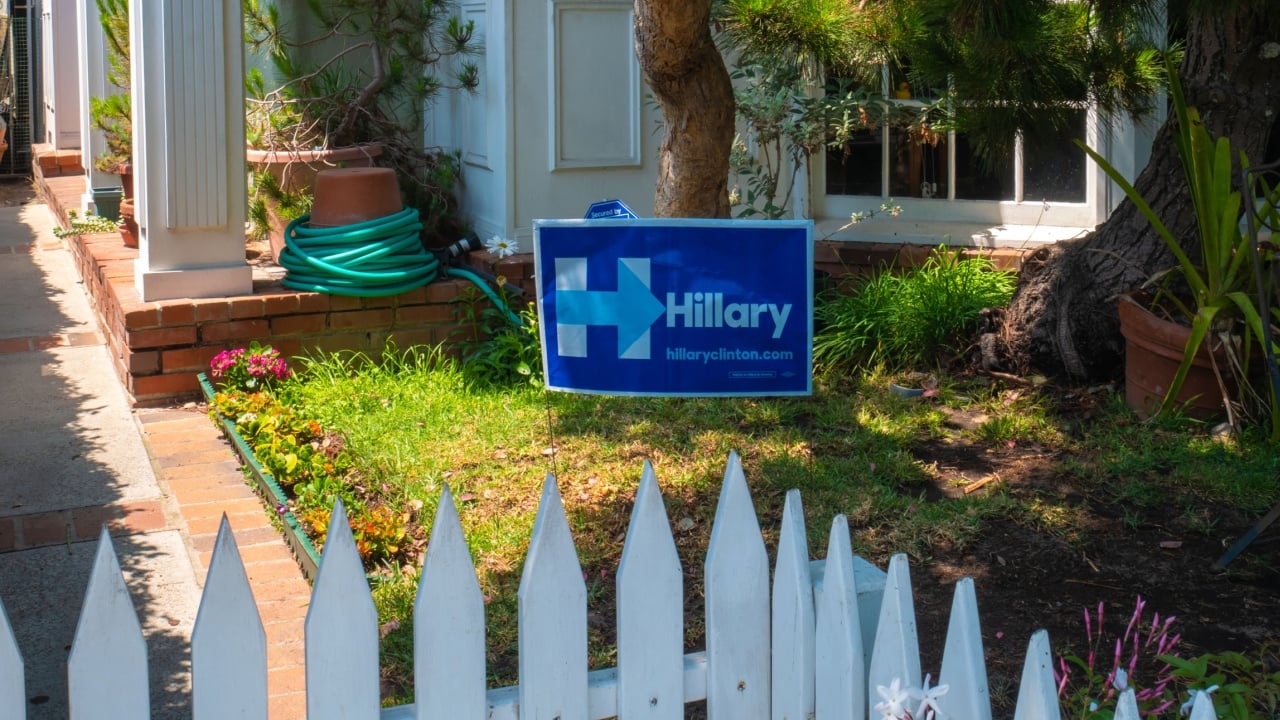 VENICE BEACH, USA - JUNE 25, 2016: View of Hillary Clinton's campaign sign in home garden on Venice Beach canals.
