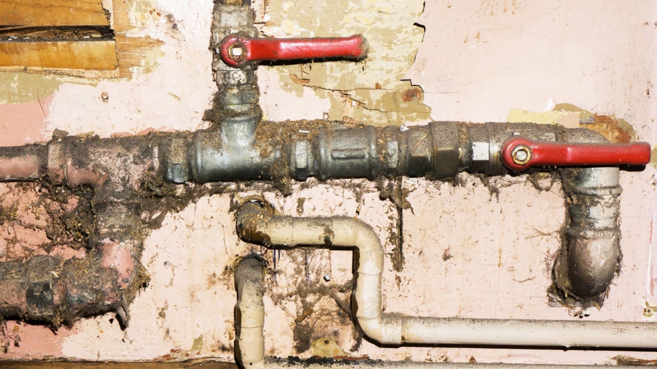 Dirty water pipe. Old pipeline construction. Rusty plumbing system. House renovation background.