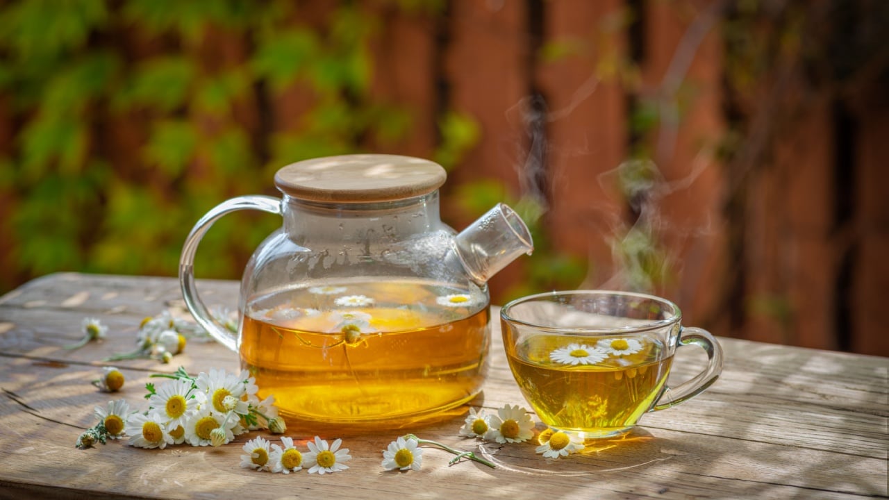 Herbal chamomile tea and chamomile flowers near teapot and tea glass. Rural or countryside background.