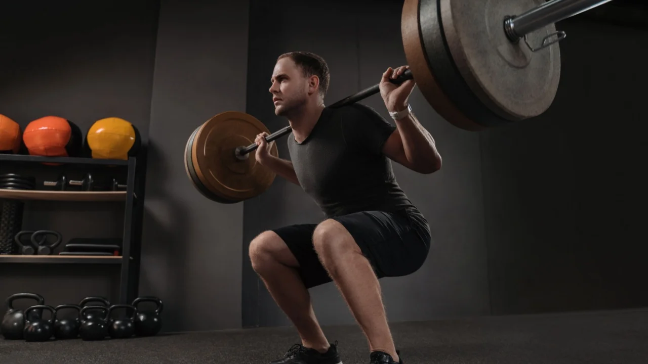 Crossfit and workout concept. Strong motivated focused short hair bodybuilder holding a heavyweight barbell on the shoulder behind the neck, getting ready to stand from bottom point