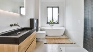 Luxury interior design of a bathroom with marble walls