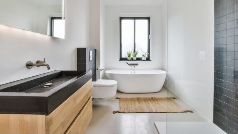 Luxury interior design of a bathroom with marble walls