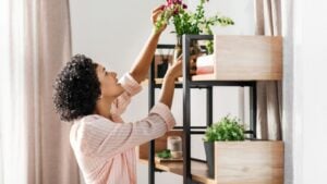 home improvement, decoration and people concept - happy smiling woman placing flowers to shelf