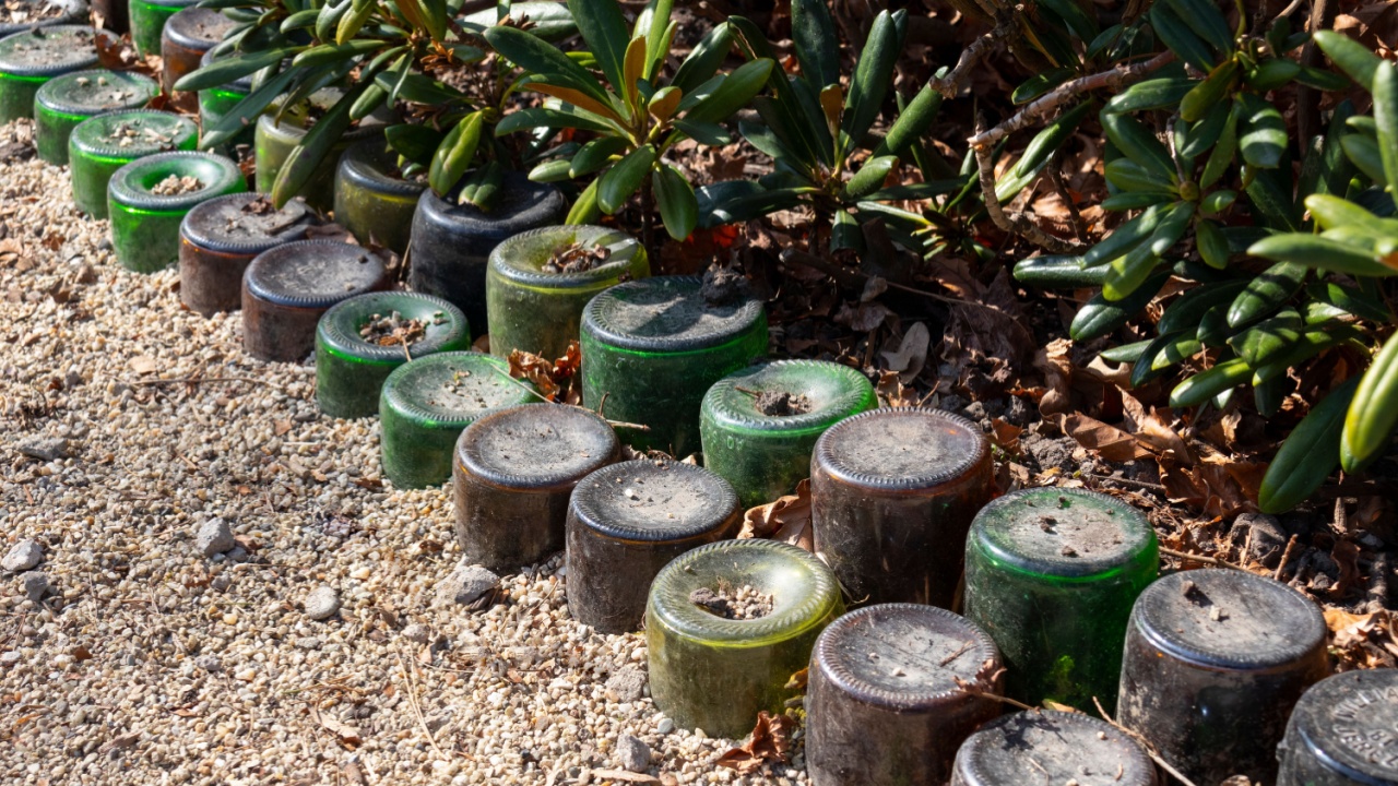 Creative reuse of old glass bottles as a border in the garden 