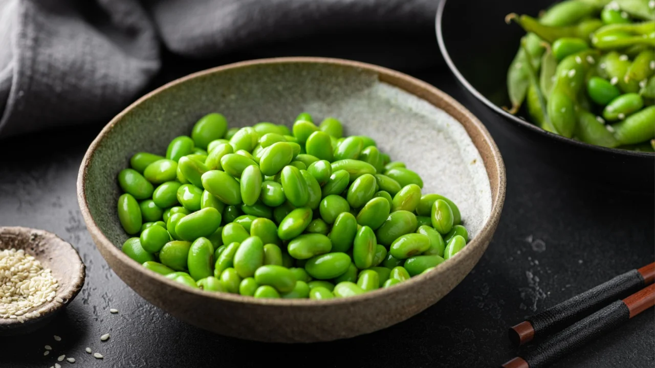 edamame beans in ceramic bowl, soybeans, selective focus