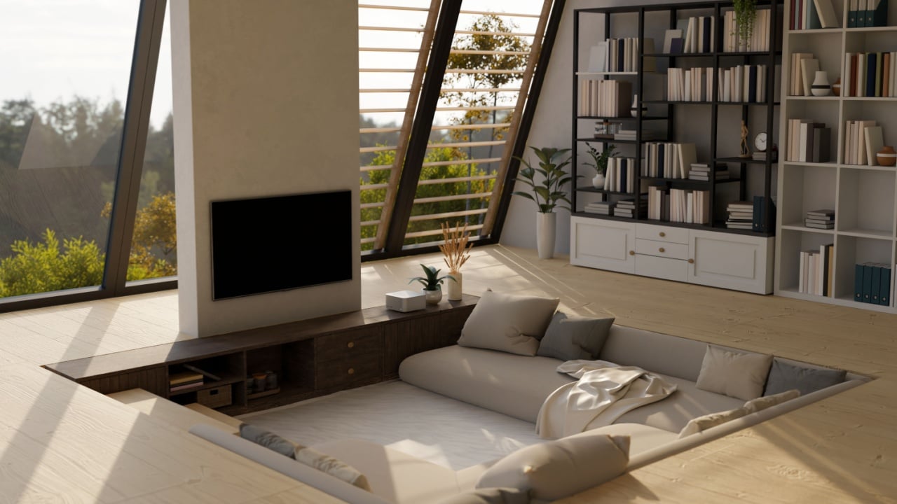 Modern contemporary sunken living room interior design with comfortable sofa, TV on the wall, bookshelves, and home decor.