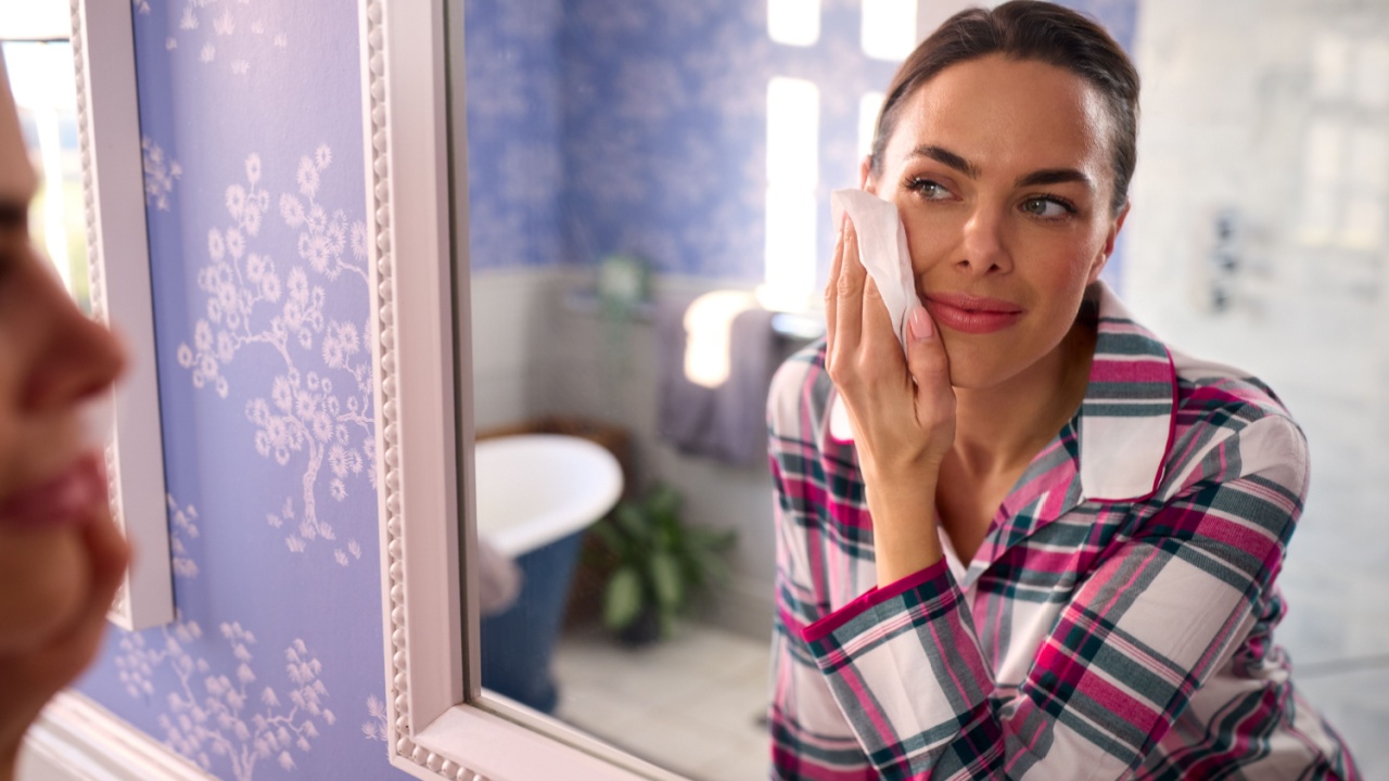 Woman At Home Wearing Pyjamas Looking In Bathroom Mirror Taking Off Make Up With Wipe
