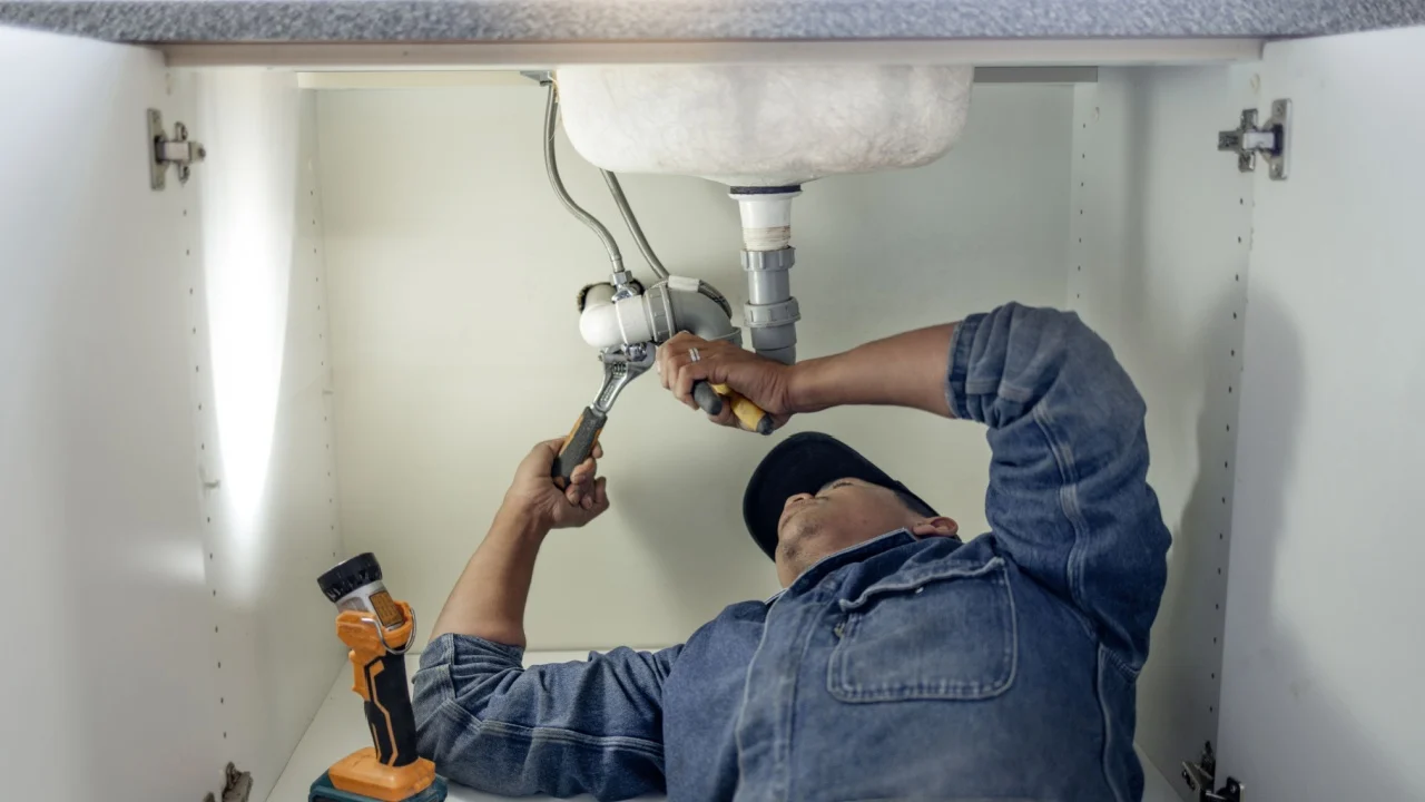 Plumber, man and handyman with plumbing, home renovation and manual labour with tools. Construction, DIY skills and professional, fixing pipe in industry and male with trade, repairs and maintenance
