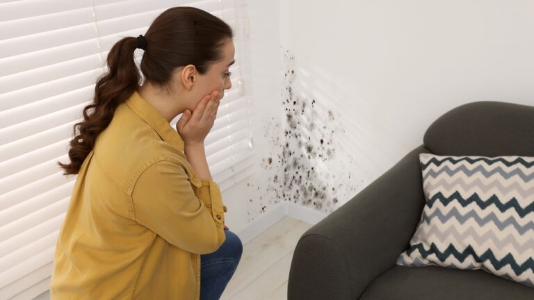 Shocked woman looking at affected with mold walls in room