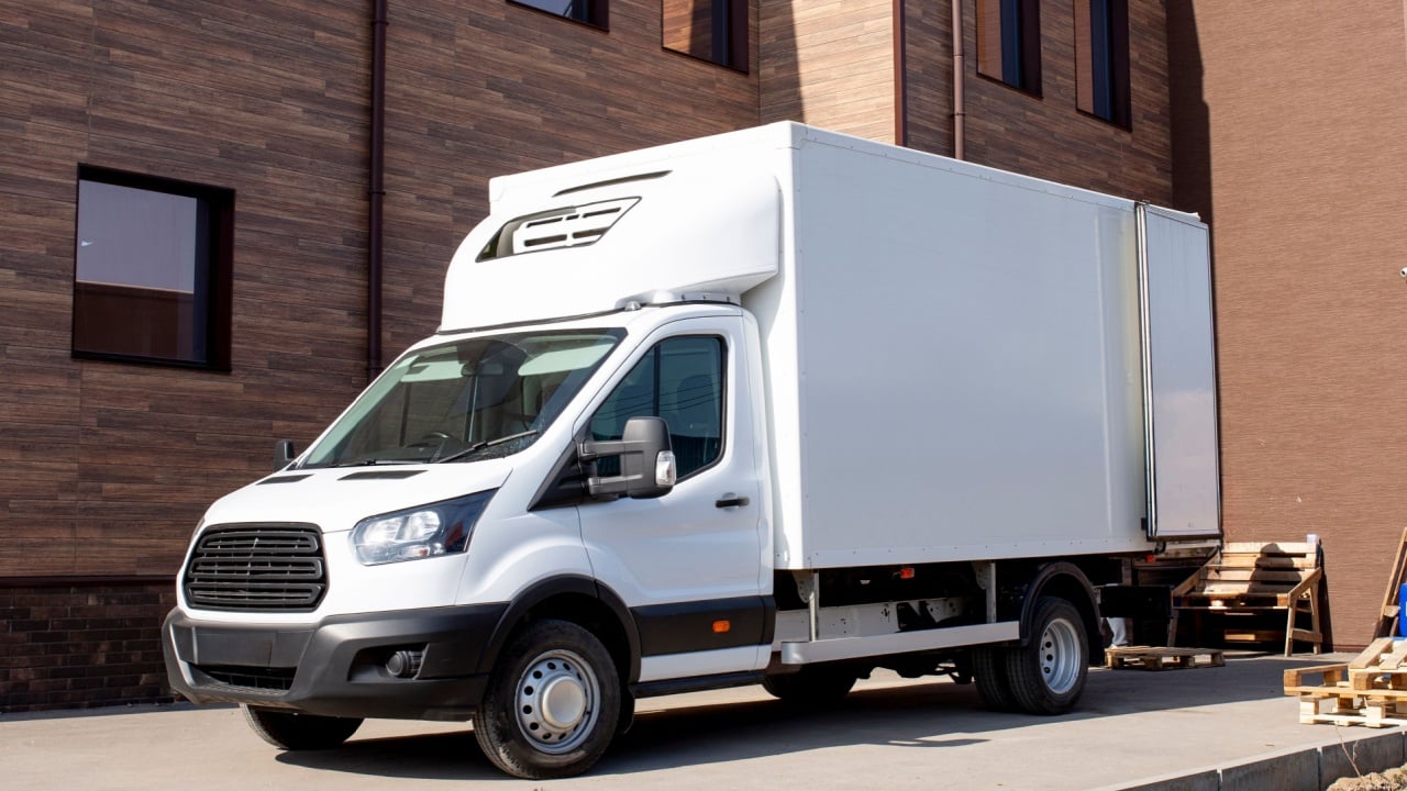 a white blank cargo delivery truck template and copy space for commercial information
