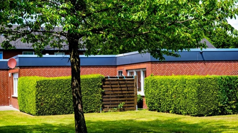 House surrounded by hedges in the middle of green yard with blue sky in the background in Germany.