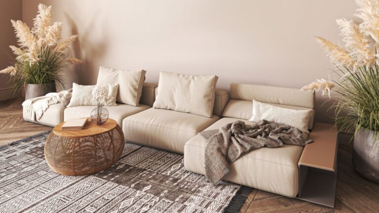 Japanese beige interior with sofa and dry plant. Light nature scandi livingroom. Horizontal banner panoramic background. 3d rendering mock up. High quality 3d illustration. 3D Illustration