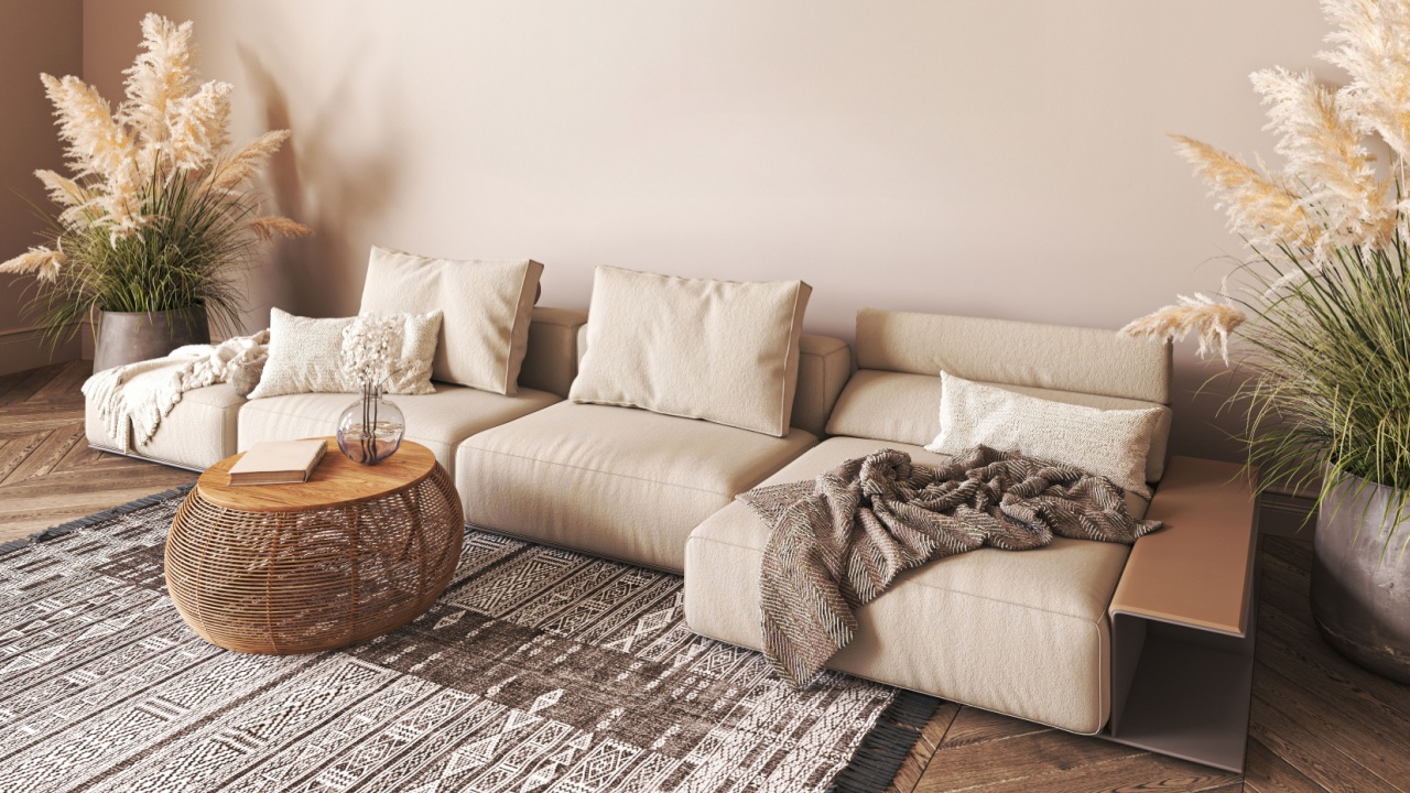 Japanese beige interior with sofa and dry plant. Light nature scandi livingroom. Horizontal banner panoramic background. 3d rendering mock up. High quality 3d illustration. 3D Illustration