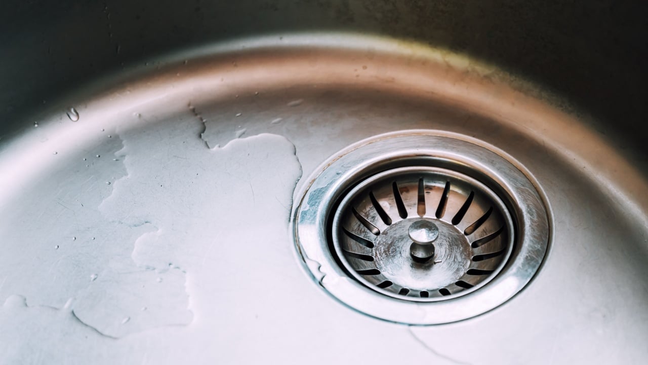 Kitchen sink flange and strainer, high angle view
