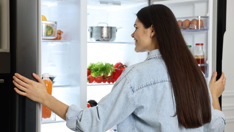 Young woman near modern refrigerator, back view