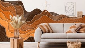 Brown color shade wave pattern wall decal in modern boho interior of living room at cozy apartment with gray.