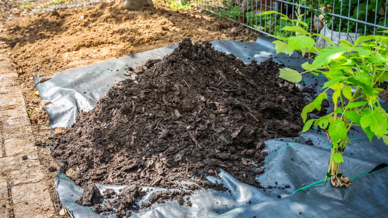 Installing weed control fabric material and bark mulch in a residential garden to control weed spreading