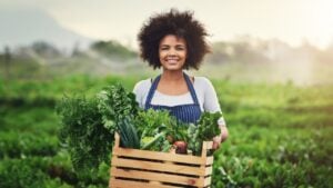 Agriculture, portrait and box with woman in countryside for sustainability, environment and vegetables supplier. Growth, plants and farming with person in field for permaculture, crate and crops