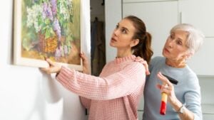 Interested senior woman with her adult daughter hanging framed picture on wall at home.