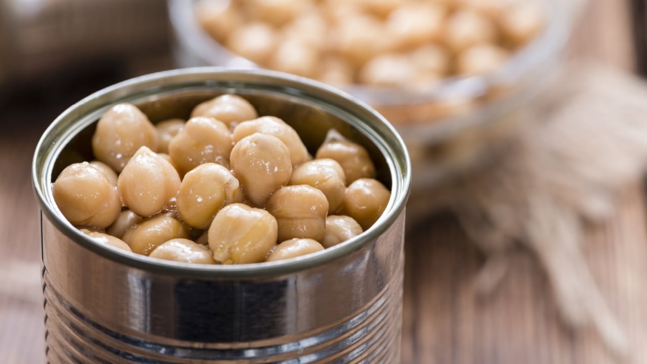 Portion of preserved Chick Peas (close-up shot)