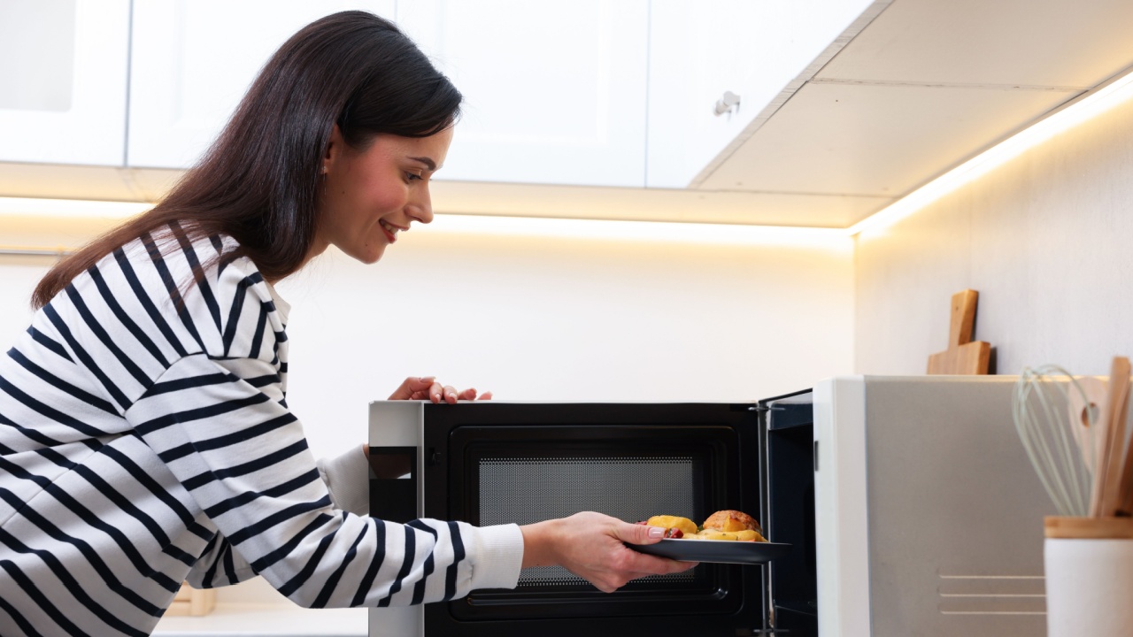 Woman putting plate with lunch into microwave indoors