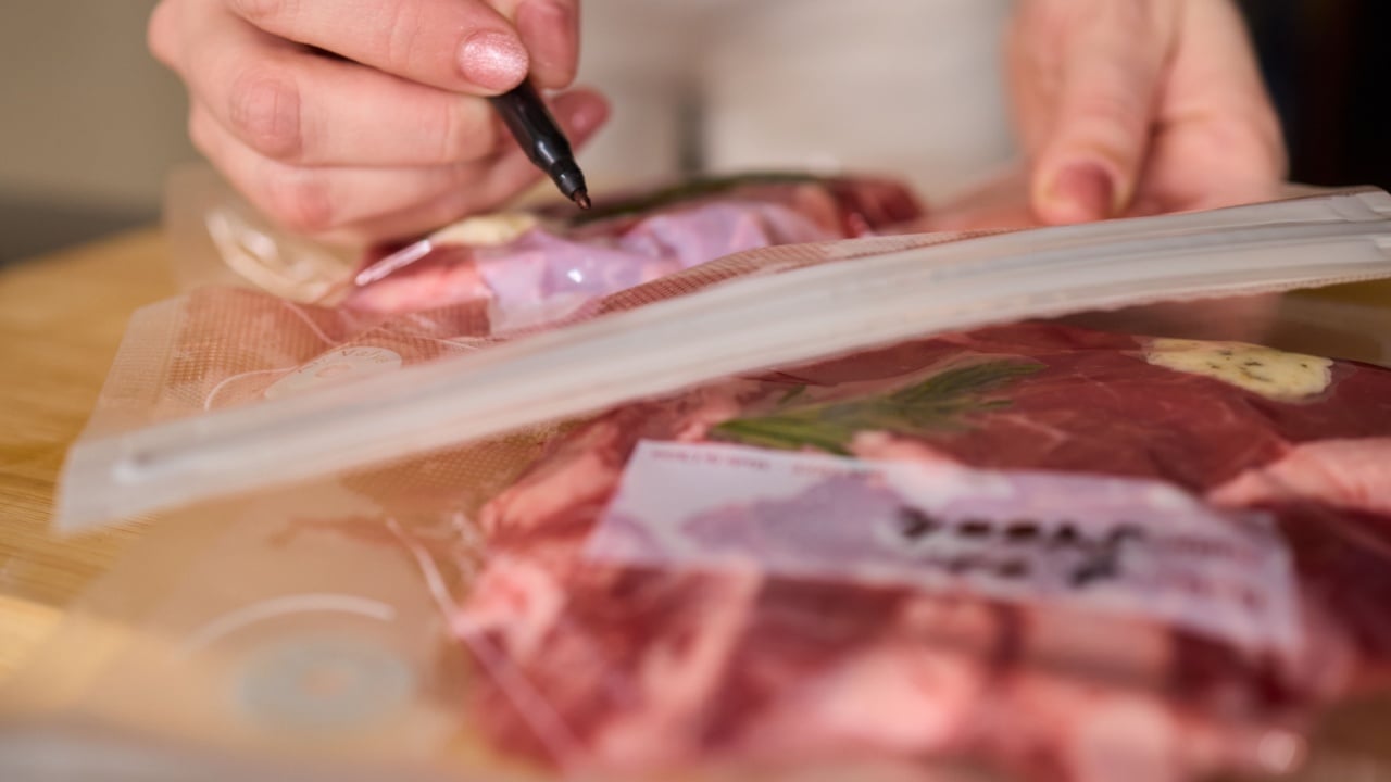 Vacuum Sealing Meat to Maintain Enhanced Freshness and writing label